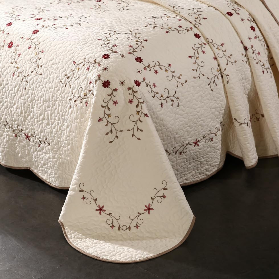 Quilt Set Floral Leaves 3D Embroidery Pattern 3 PCS Cotton Reversible Quilted Embroidered Decorative Bedspreads Coverlet Set, Lightweight &Soft Queen Size Beige Bedding Coverlet for All Season
