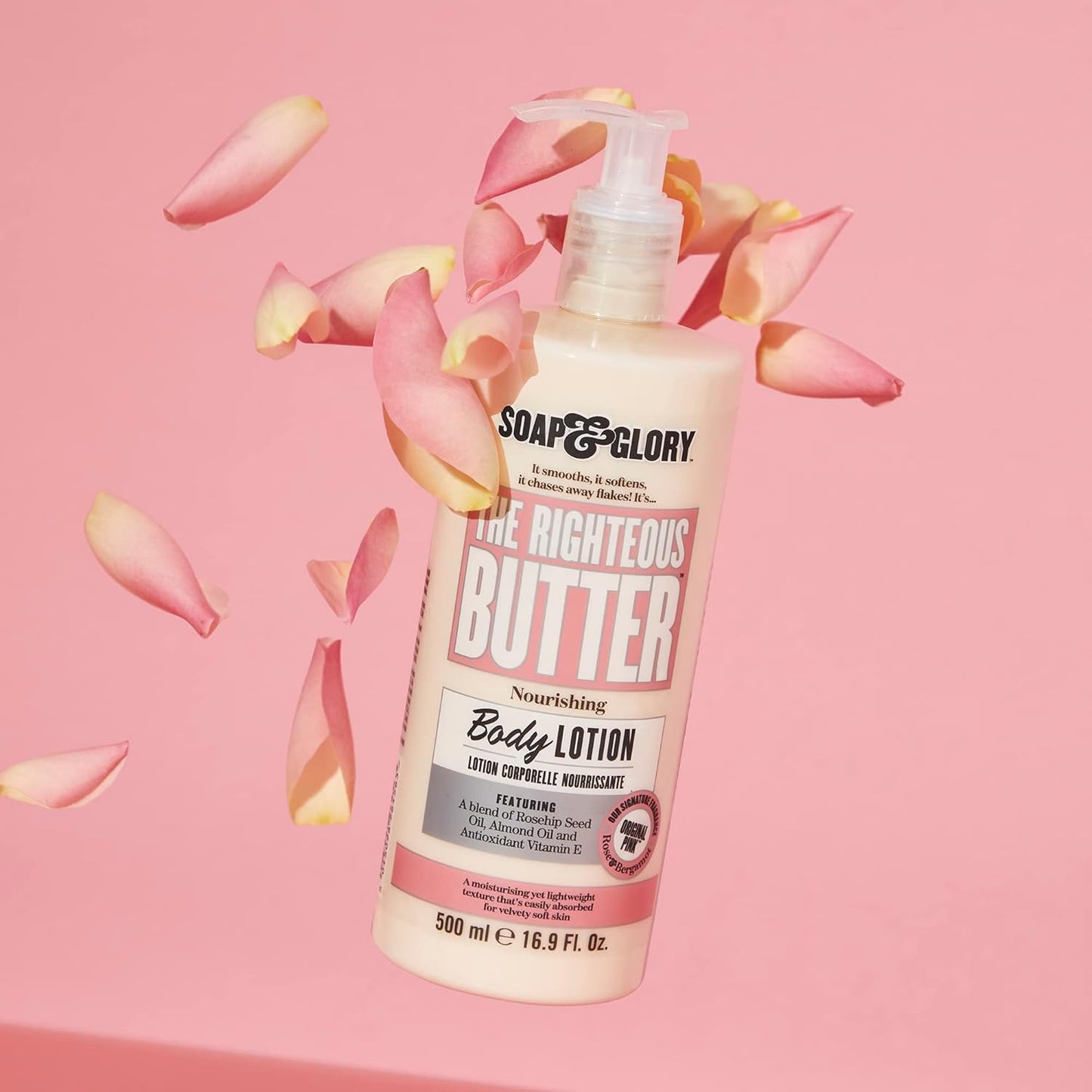 Soap & Glory Original Pink The Righteous Butter Moisturizing Body Lotion Pump - Shea Butter, Vitamin E & Aloe Vera Vegan Body Moisturizer - Rose & Bergamot Scented Lotion (500ml) (Pack of 2)