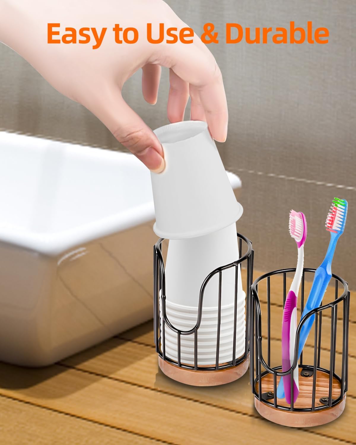 2PCS Rural Style Bathroom Cup Dispenser, Small Disposable Paper Cup Holder, 3oz Disposable Mouthwash Cup Storage Rack, Iron Bathroom Organizer