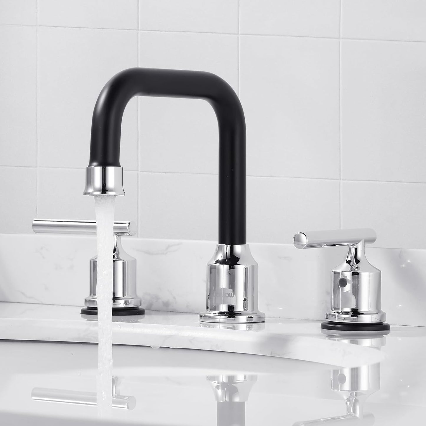 WOWOW Black and Chrome Bathroom Sink Faucet, Widespread Bathroom Faucet 3 Hole Vanity Tap 8 Inch Bathroom Tap with Pop Up Drain Assembly & cUPC Supply Lines, 2 Handle Basin Faucet Modern
