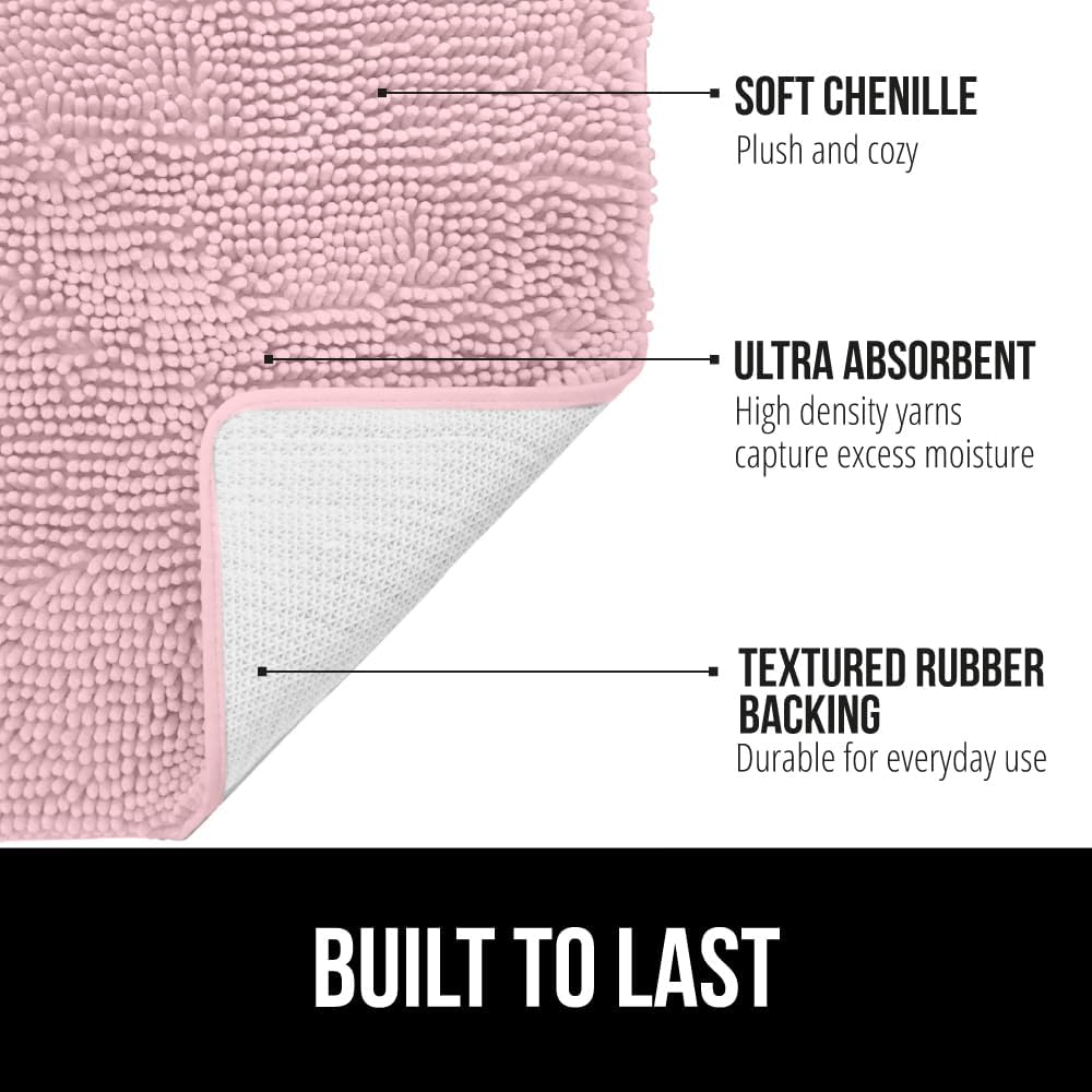 GORILLA GRIP Plush Absorbent Shaggy Chenille Bath Rug Mat for Square Toilet Base with Rubber Backing, Machine Washable Rugs, Soft Microfiber Contour Mats for Toilets, Bathroom Decor, Lt Pink