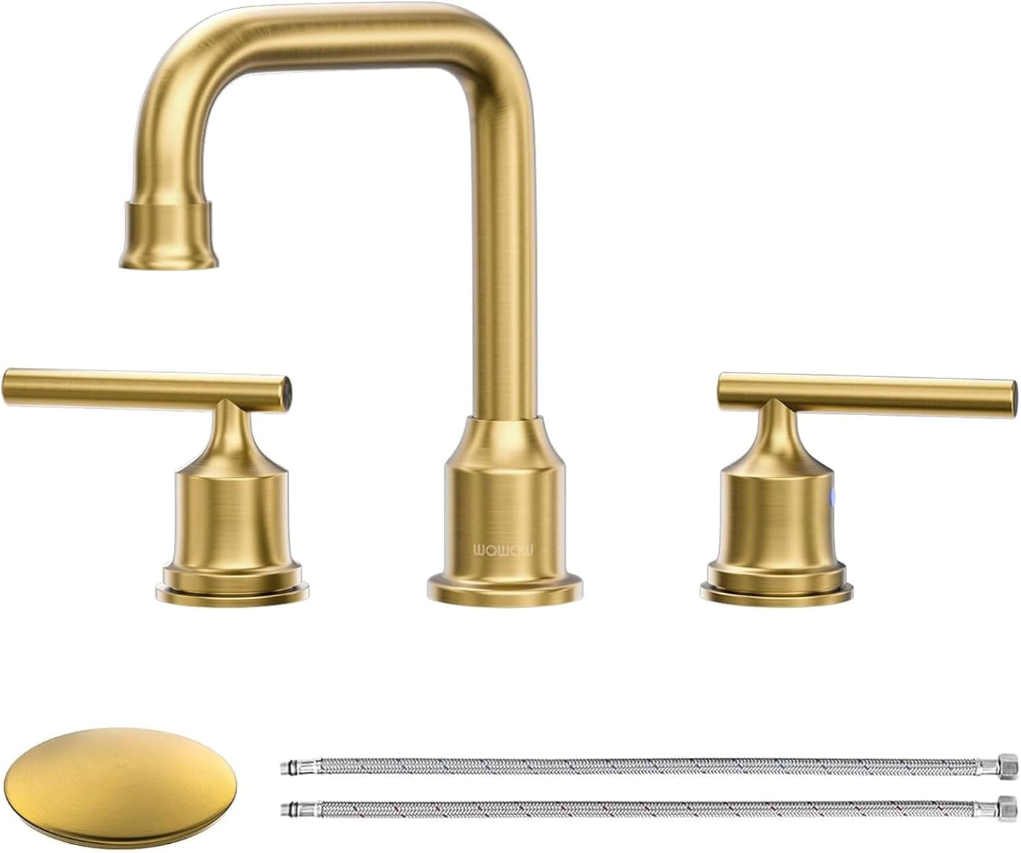 WOWOW Brushed Gold Bathroom Faucet Widespread Bathroom Sink Faucet 2 Handle Lavatory Tap 3 Holes with Drain and Supply Hoses Mordern Basin Taps