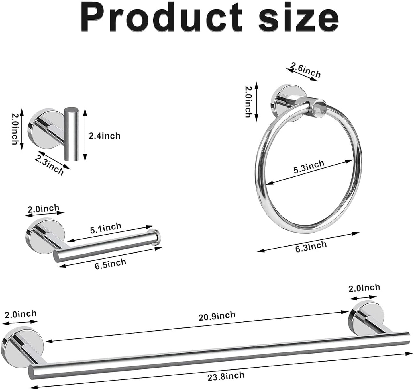 Cilee 10 Piece Chrome Bathroom Accessories Set, 24inch Polished Chrome Towel Bar Ring+Toilet Paper Holder+ Robe Towel Hook SUS304 Stainless Steel Bathroon Hardware Set