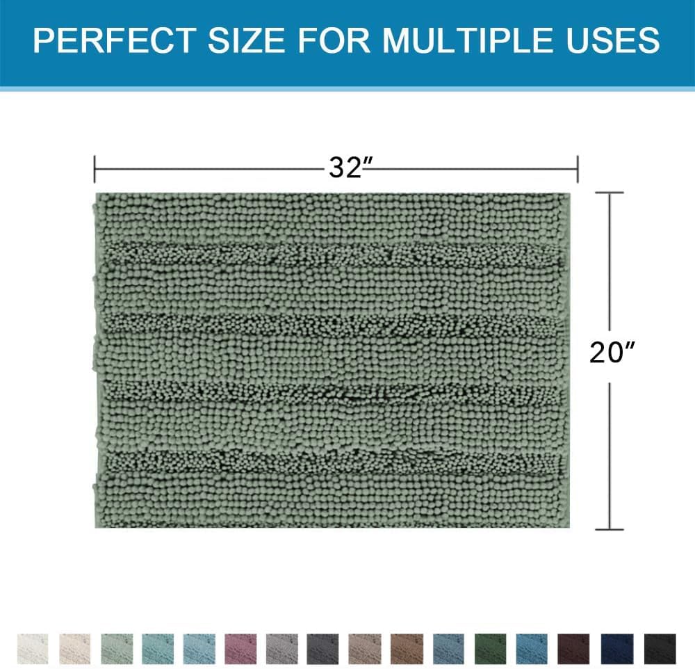 H.VERSAILTEX Bath Rugs for Bathroom Non Slip Bath Mats Extra Thick Chenille Striped Rug 20" x 32" Absorbent Non Skid Fluffy Soft Shaggy Washable Dry Fast Plush Mat for Indoor, Bath Room - Green Bay