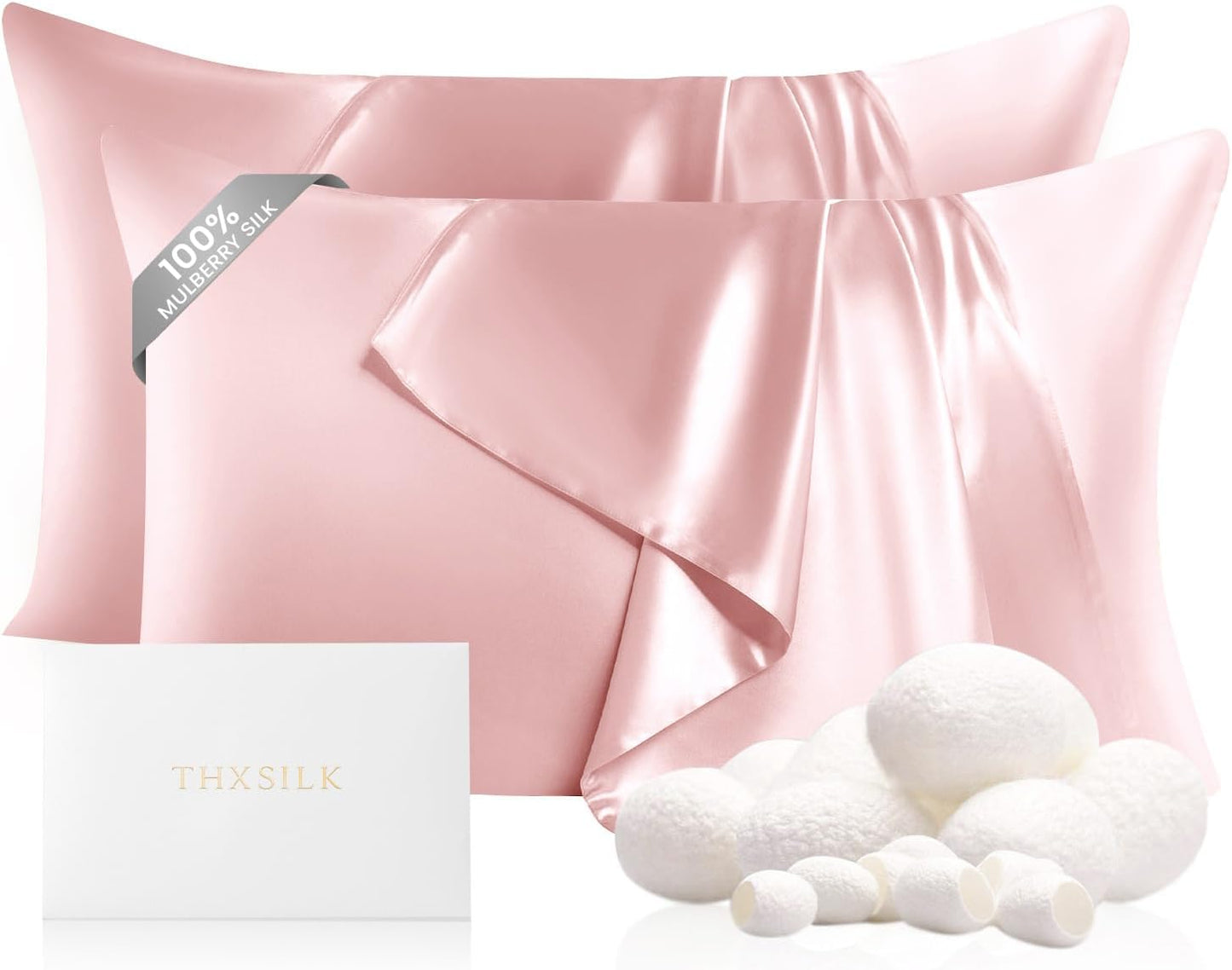 THXSILK Set of 2 Mulberry Silk Pillowcases for Hair and Skin, 22 Momme, Grade 6A+ Silk Dual-Sided, Pillow Cases with Hidden Zipper, King Size 20"x36", 2pcs, Light Pink