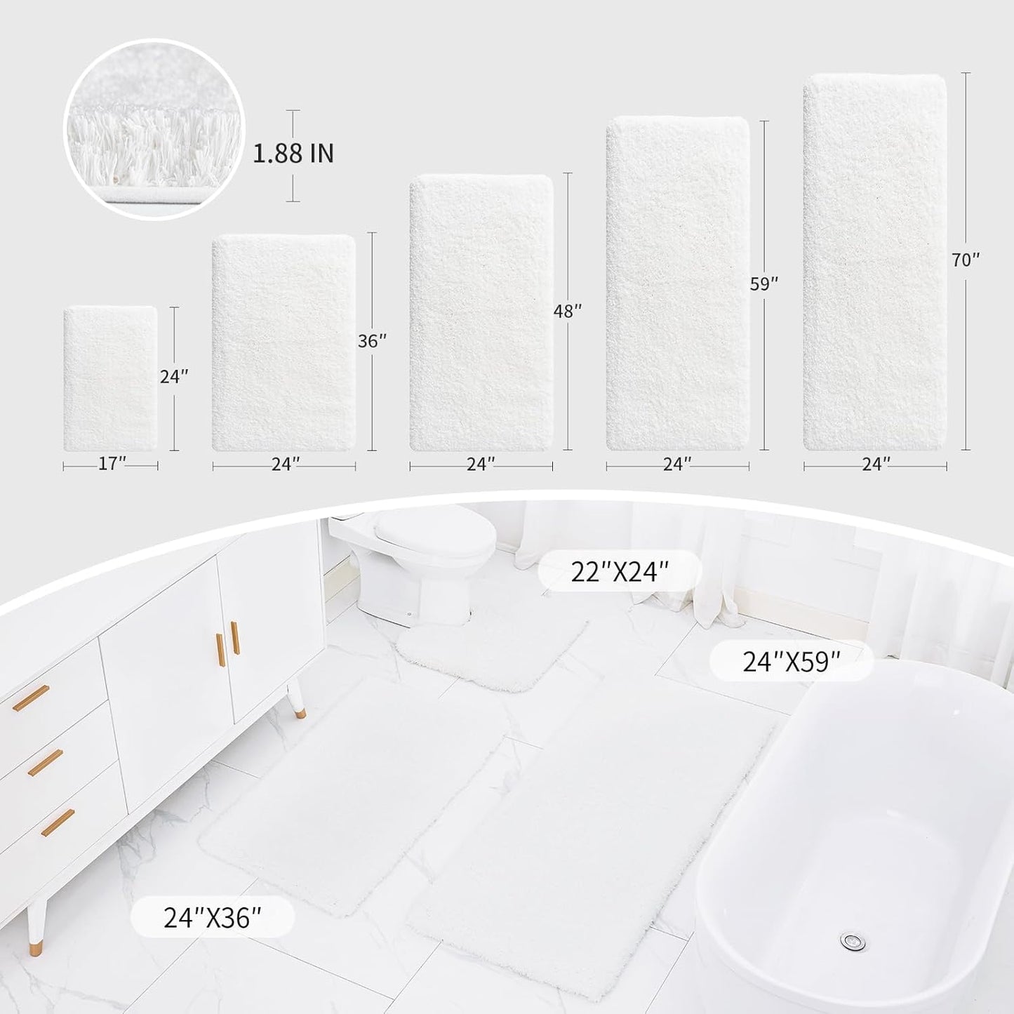 White Bathroom Runner Rug 24x70 Non Slip Fluffy Long Bath Mat for Bathroom Floor Washable Plush Luxury Bath Rug for Tub Absorbent Bathroom Shower Sink Mat Bedside Rug