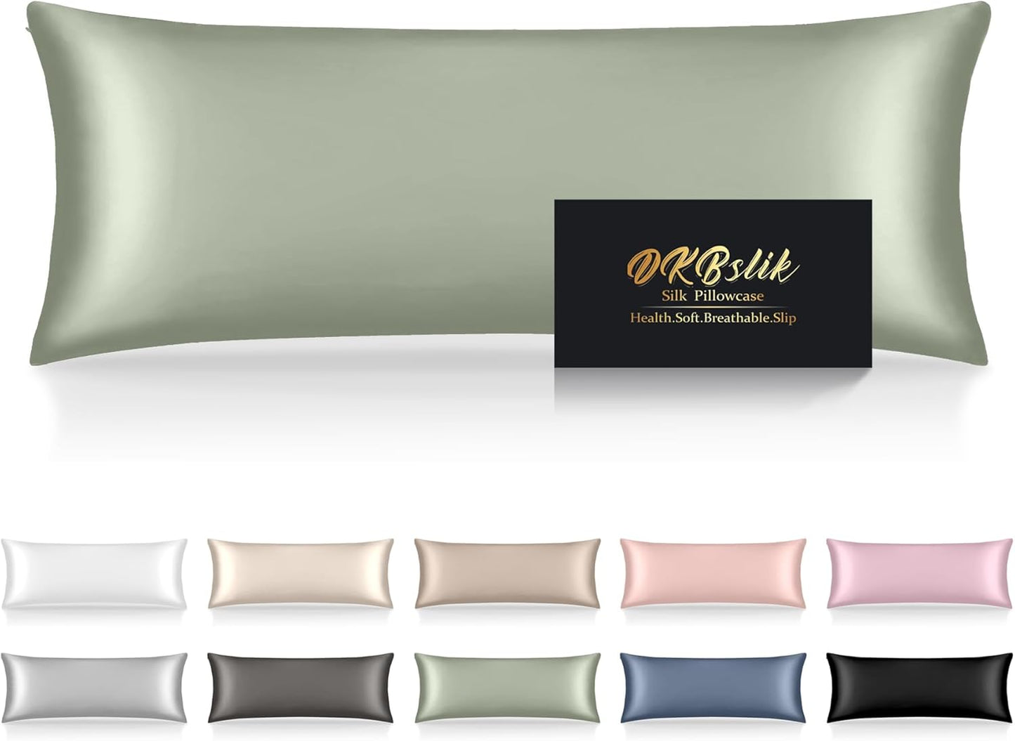 Silk Body Pillow Cases, Mulberry Silk Body Pillow Cover with Zipper, Smooth, Anti Acne, Cooling Sleep Both Sides Natural Silk Satin 20x54 Body Pillowcase, Gifts for Women Men, Sage Green