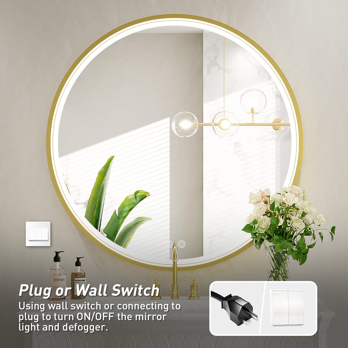 24" Round LED Bathroom Mirror, Dimmable Anti-Fog Vanity Mirror with Touch Control, 6000K Natural Light, Gold Metal Frame, Wall Mounted for Makeup Shaving (IP54, 90+ CRI)