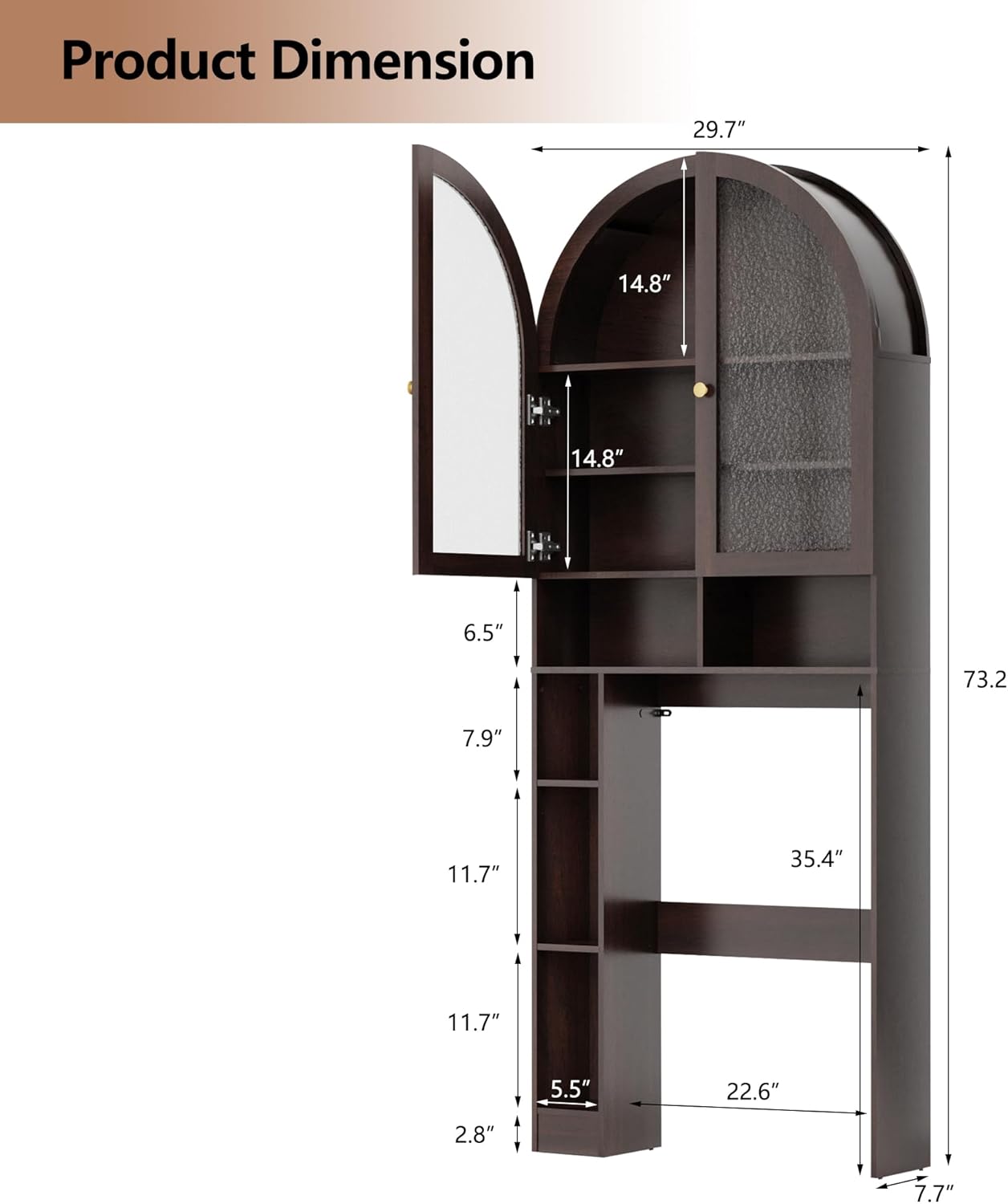 Over The Toilet Storage Cabinet, 29.7”W Modern Storage Cabinet Over Toilet with Acrylic Doors, Arched Freestanding Over Toilet Rack with Adjustable Shelf for Bathroom, Espresso