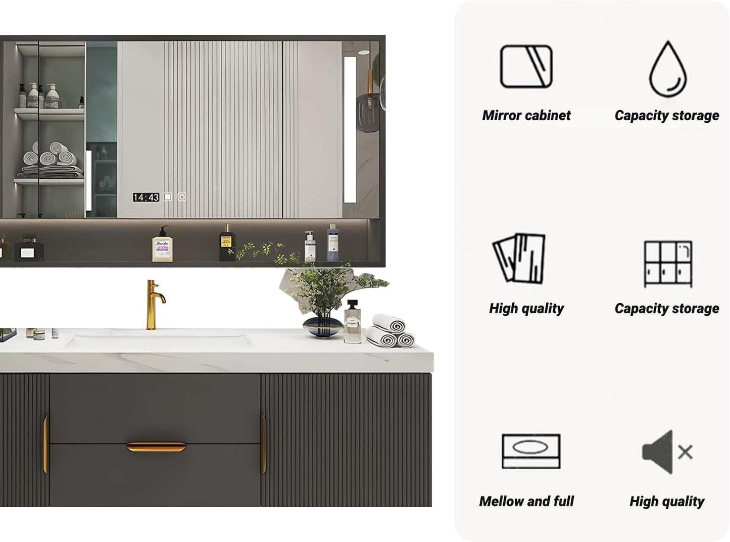 Bathroom Vanity with Double Sink, Modern Bathroom Vanities Compo Includes LED Smart Defogging Mirror Cabinet and Open Shelf, Solid Wood Bathroom Sink Vanity with Slate Countertop (Dark Grey,56")