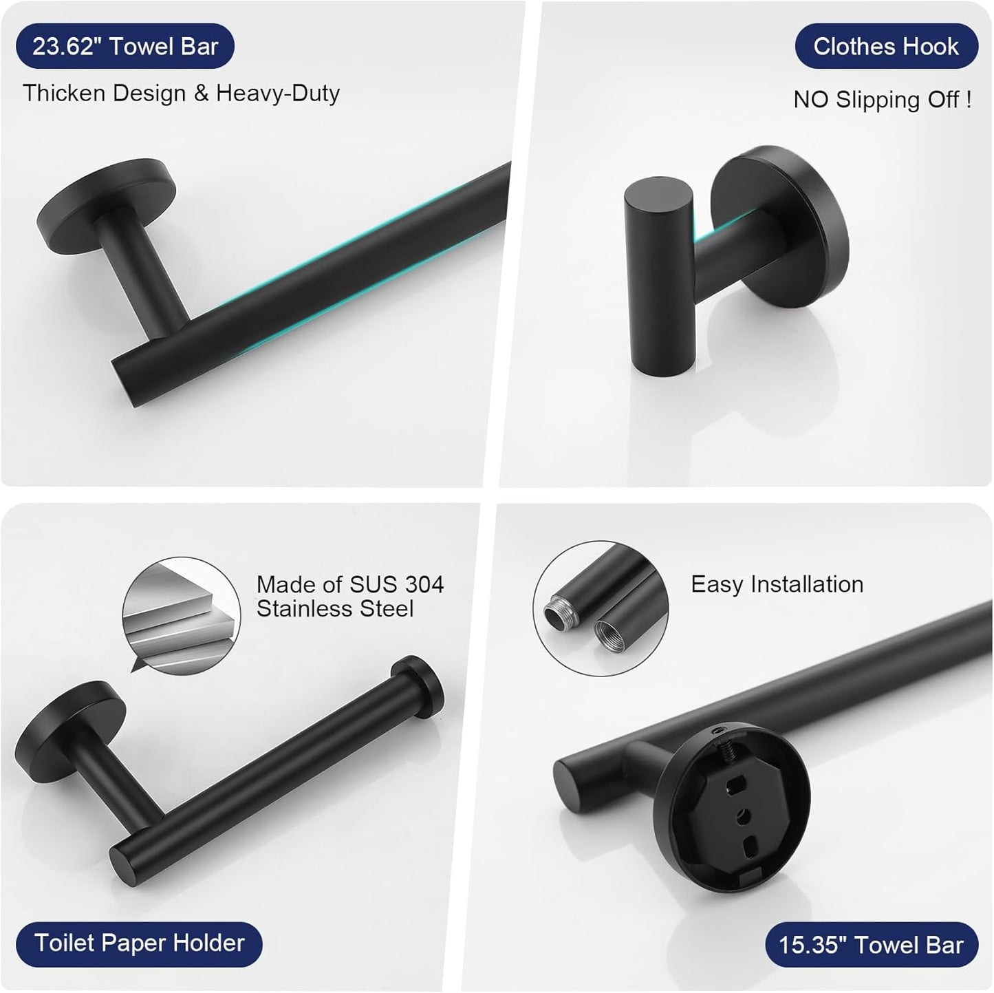 5 Pieces Matte Black Bathroom Hardware Set, 23.6-inch+15.35-inch Bathroom Towel bar SUS304 Stainless Steel Bathroom Towel Bar Set