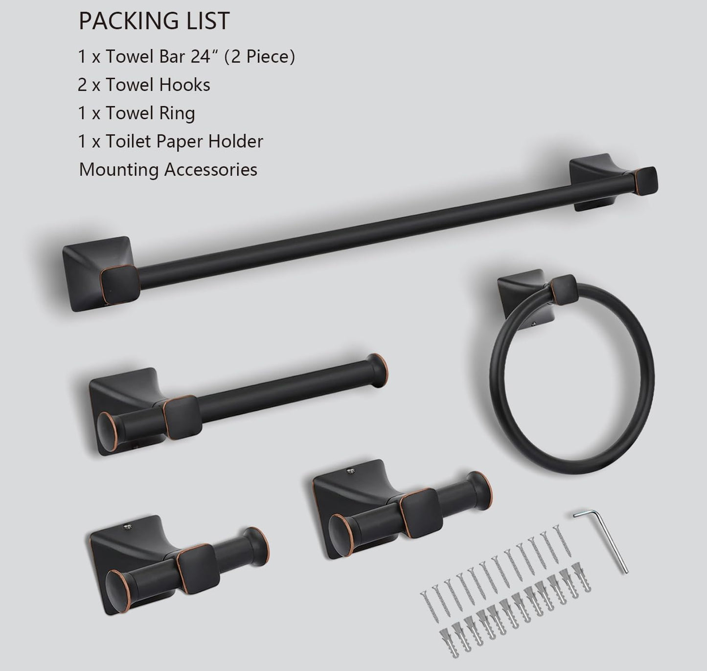 Matte Black Bathroom Hardware Set 5-Pieces, SUS304 Stainless Steel Bath Towel Bar Set Wall Mounted, Including Hand Towel Bar,Towel Ring, Toilet Paper Holder, 2Pcs Robe Towel Hook