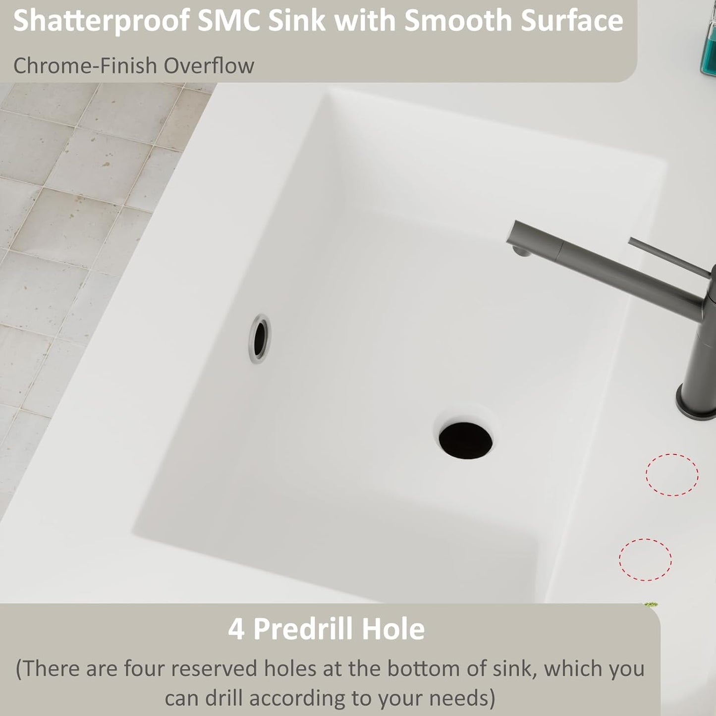 24 Inches Bathroom Vanity with Resin Sink, Single Sink Modern Cabinet Set, Stainless Steel Frame with Tempered Glass Open Shelf, Freestanding Bathroom Storage Cabinet Combo, White