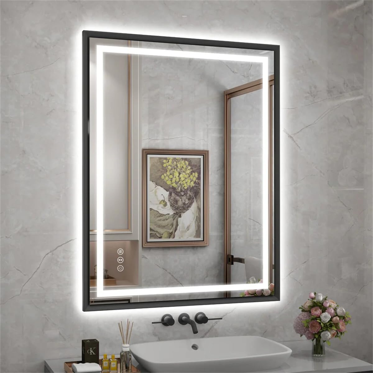 24"x 32" LED Bathroom Mirror with Black Frame, Stepless Dimmable, Anti-Fog, Shatter-Proof, Memory, 3 Colors, LED Vanity Mirror