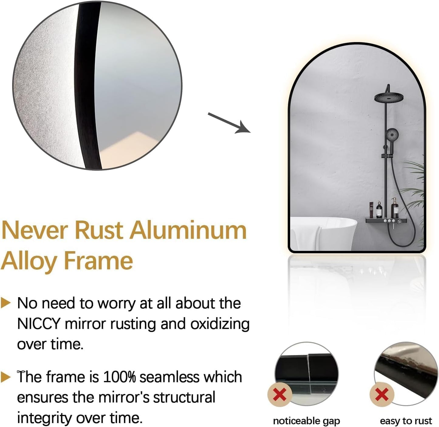 Niccy Arched LED Lighted Bathroom Mirror, 40x24 Inch Backlit Vanity Bathroom Mirror with Lights Brushed Black Framed Wall Mounted Mirrors with 3 Color Shatterproof Arch Smart Fog Free Mirror