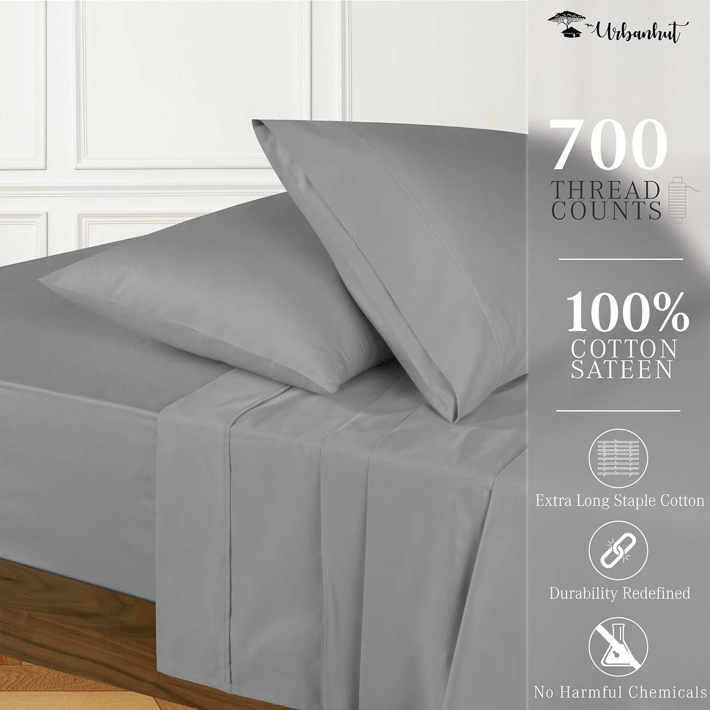 URBANHUT 700 Thread Count Egyptian Cotton Sheets Twin Size, 4Pc Sheet Set Soft Luxury Bed Sheets for Twin Size Bed, Sateen Weave Hotel Sheets, 14'' Elasticized Deep Pocket - Dark Grey