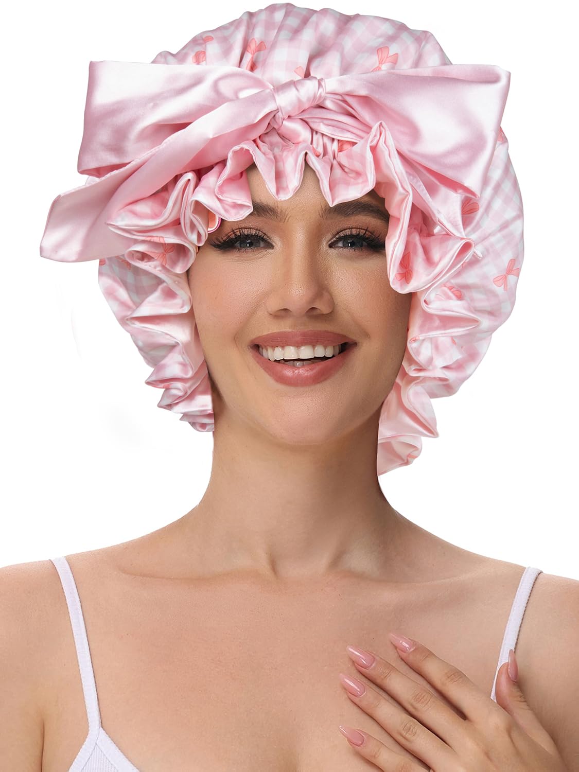Cute Adjustable Silk Bonnet for Sleeping Double Layer Satin Cap Hair Sleep Bonnet for Curly Hair Pink White Bow