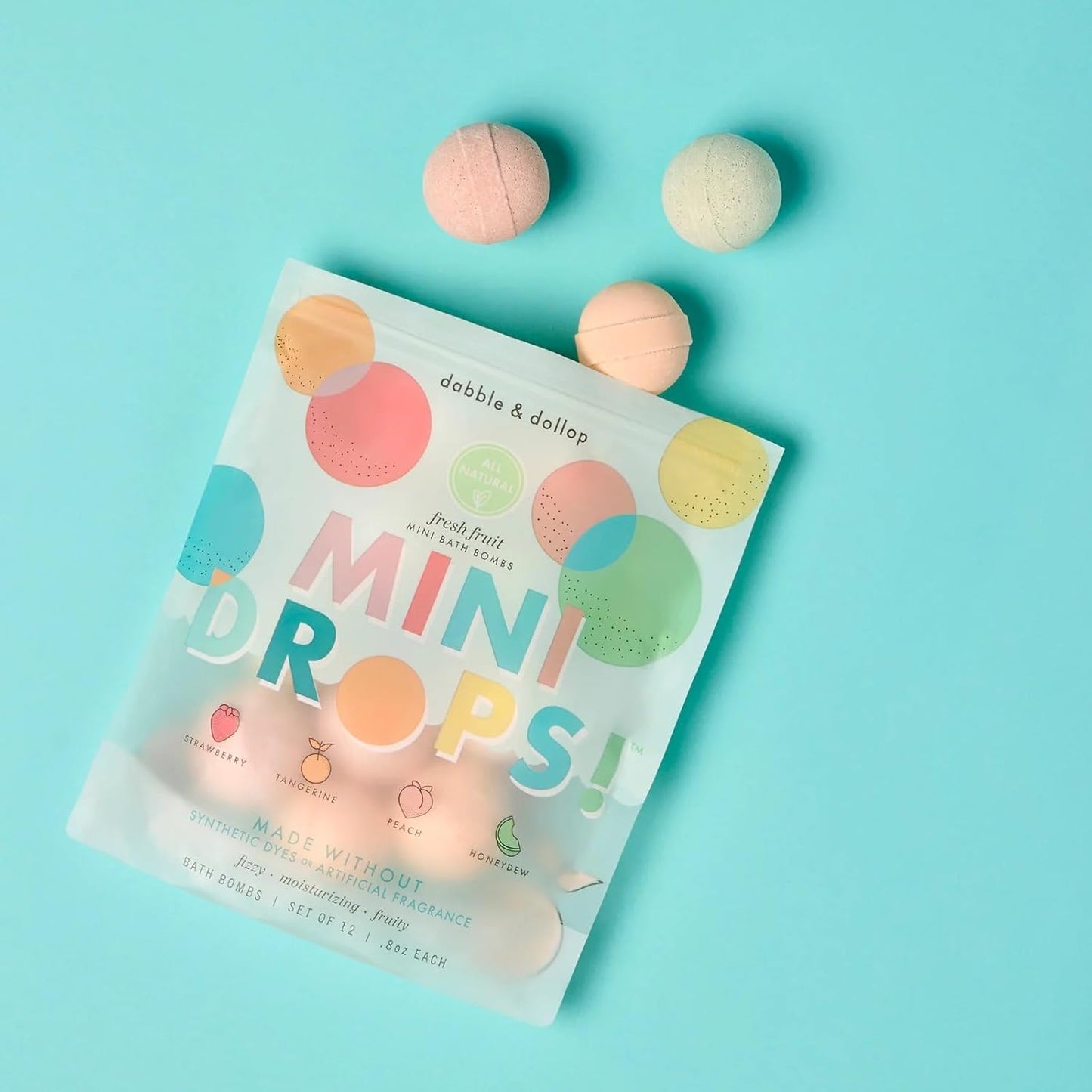 Dabble & Dollop Mini Bath Bombs, 100% Natural Droplets for Kids, Fresh Fruit Scents - Resealable Pouches, Fizzy, Moisturizing & Fun, Vegan, Gluten-Free, Cruelty-Free (Set of 24)