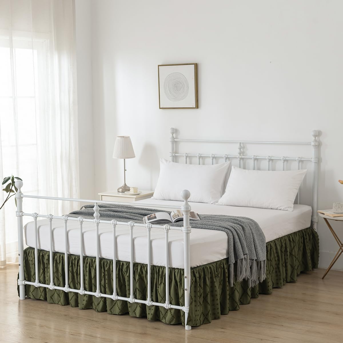 Bed Skirt King Size Ruffled Bed Skirt with Split Corners, 14 Inch Drop Dust Ruffle Bed Skirts with Platform, Boho Tufted Shabby Chic King Size Bed Skirts, Olive Green