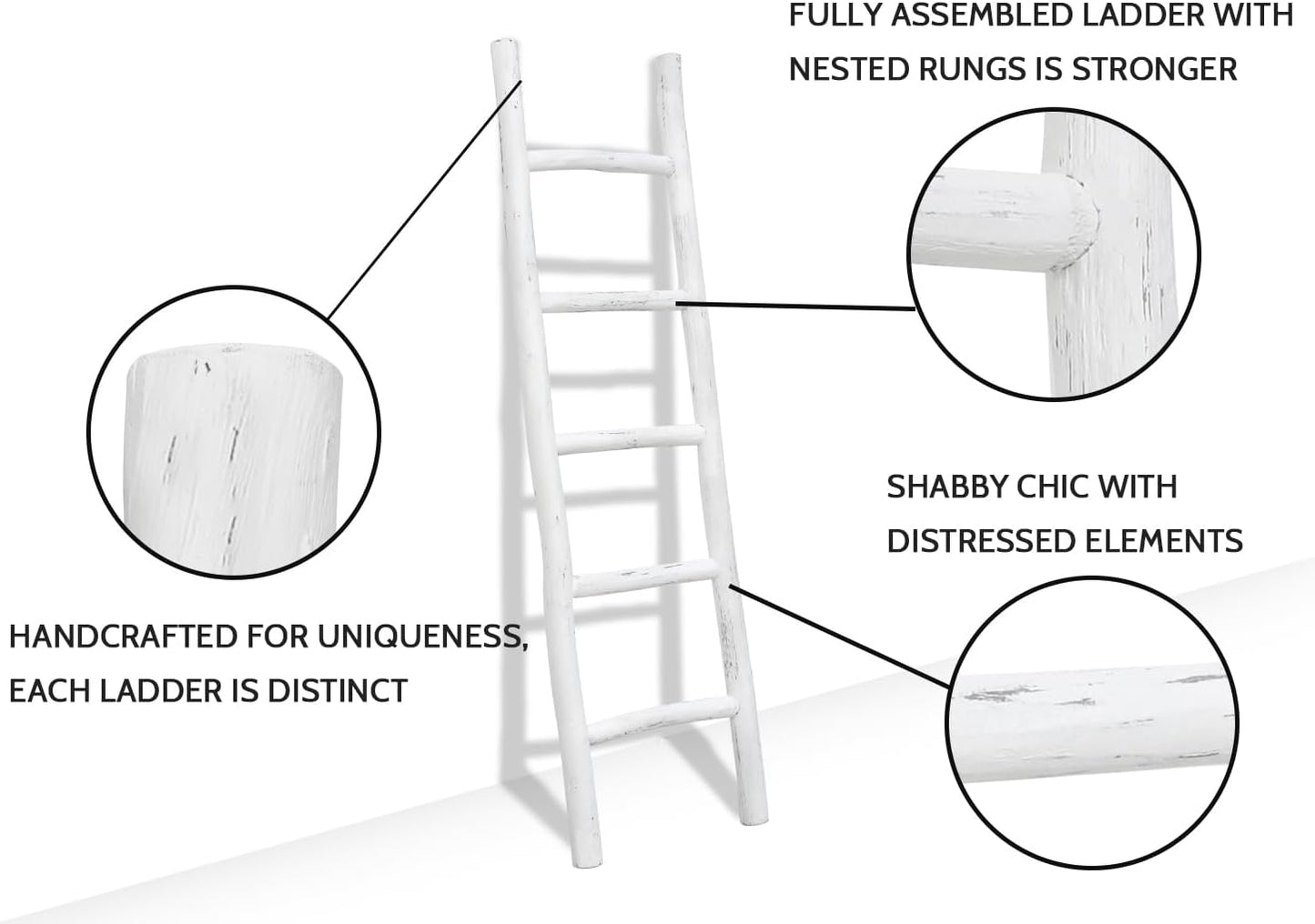 FUIN Fully Assembled 57in Wood Blanket Ladder Living Room Decorative Wall Leaning Farmhouse Quilt Display Holder Rustic Wooden Towel Rack for Bathroom, White