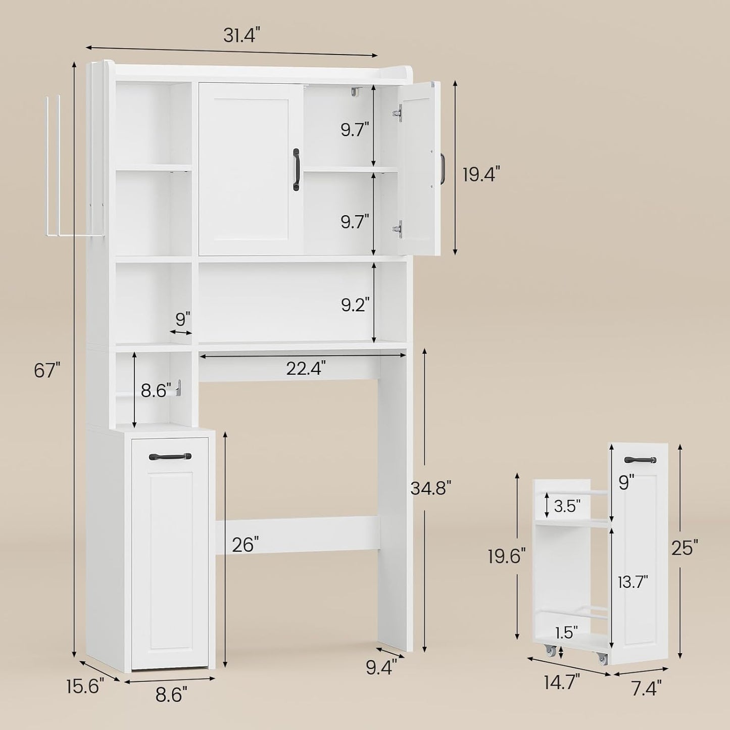 Over The Toilet Storage Cabinet with Pulley, Bathroom Cabinet, Space Saver W/Adjustable Shelf Rack for Bathroom, Restroom, Laundry (White-Type B)