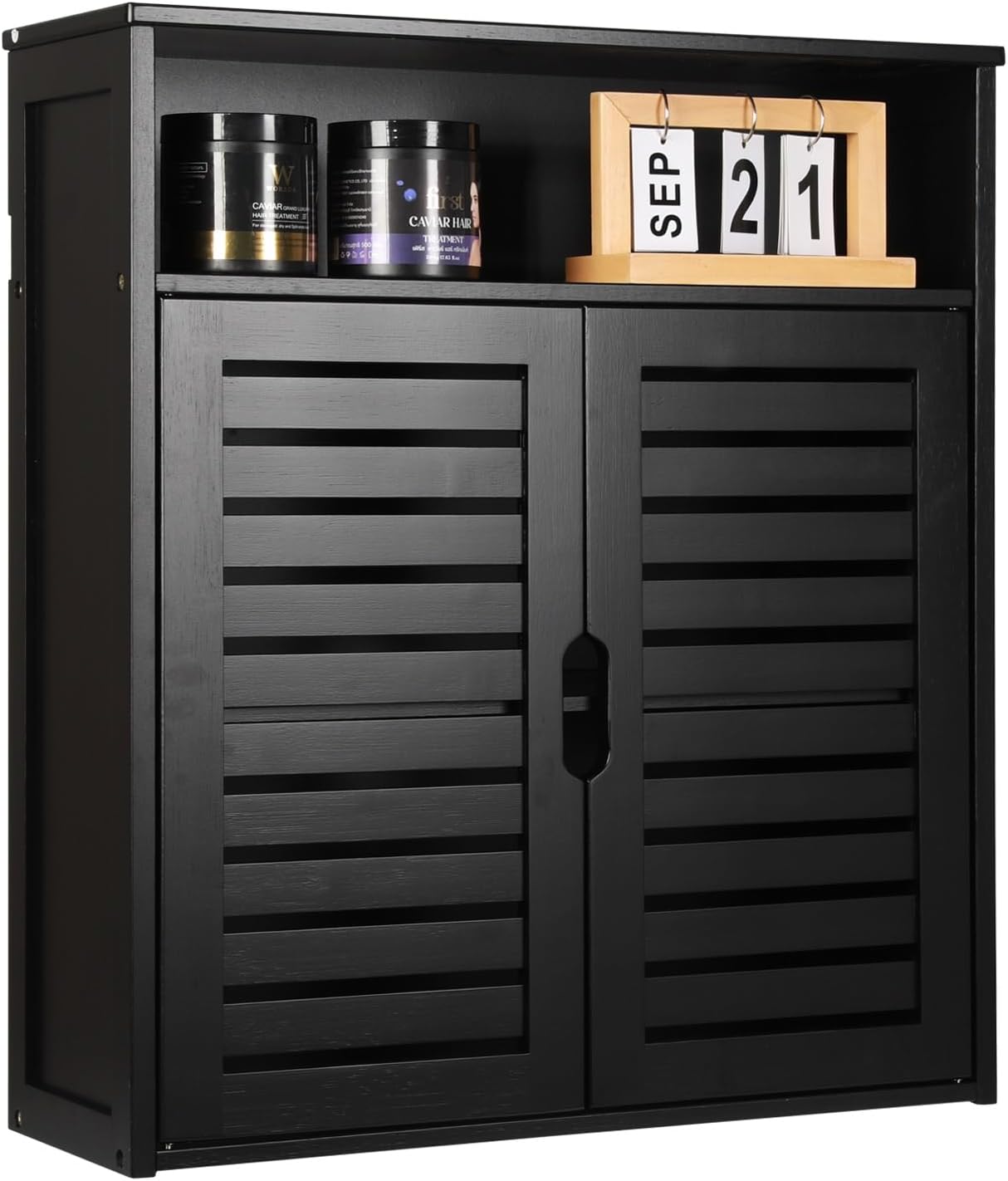 HYNAWIN Wall-Mounted Black Bathroom Cabinet with Double Doors, Bamboo Storage Shelf Organizer for Kitchen, Living Room, or Bathroom