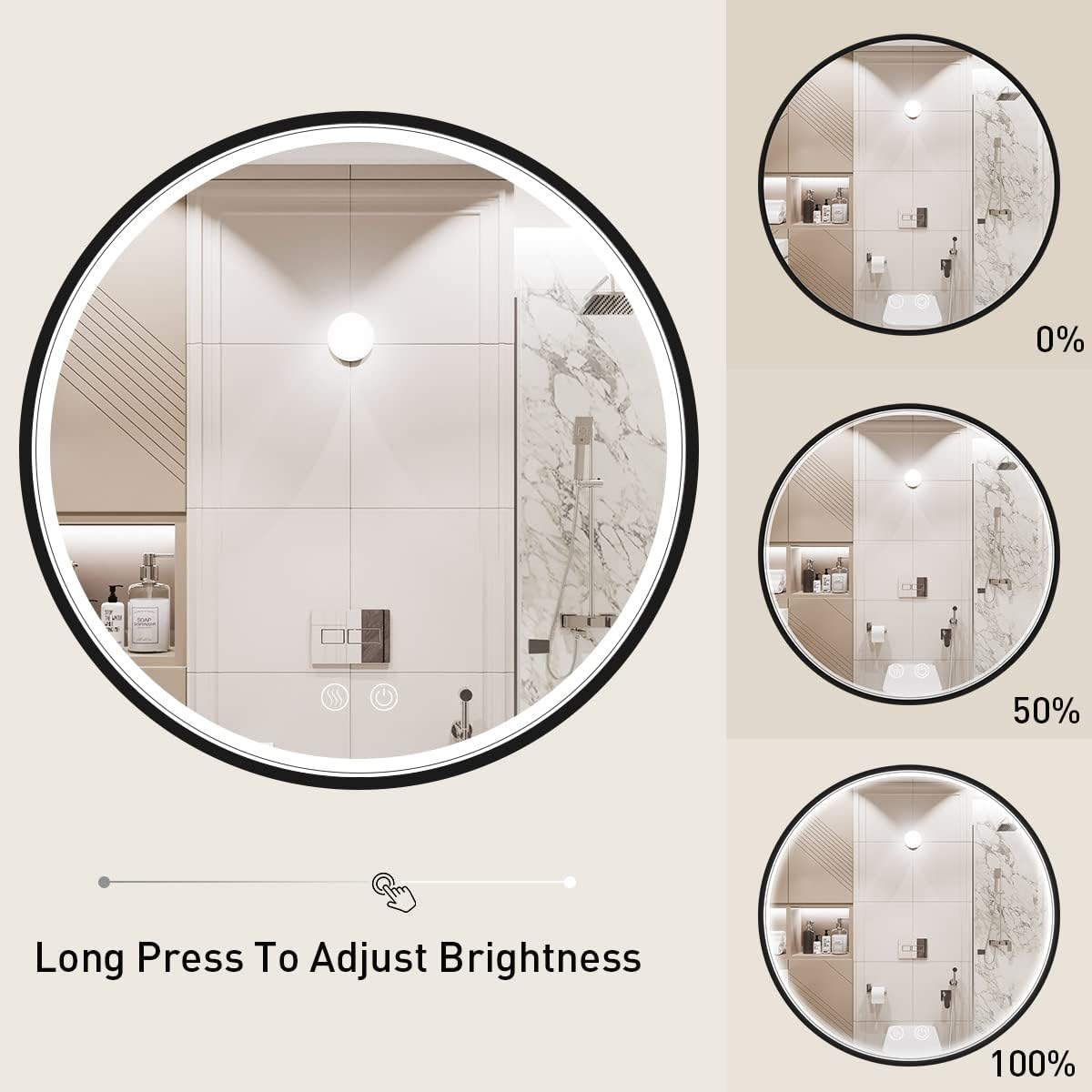 40" Round LED Bathroom Mirror, Dimmable Anti-Fog Vanity Mirror with Touch Control, 6000K Natural Light, Black Metal Frame, Wall Mounted for Makeup Shaving (IP54, 90+ CRI)