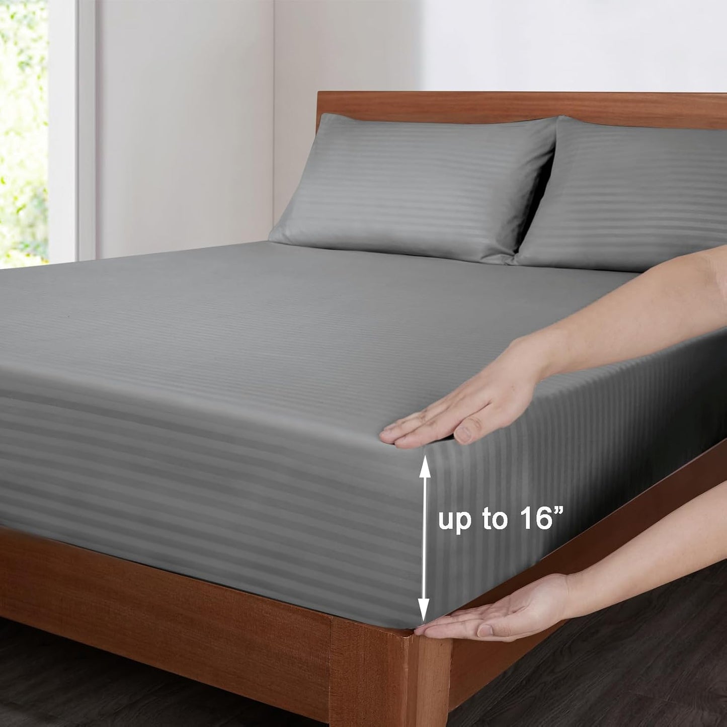 Mejoroom Striped Grey-01 1800 Thread Count Queen Sheet Set - Hypoallergenic, Deep Pocket, Breathable, Wrinkle & Stain Resistant - 4 Piece