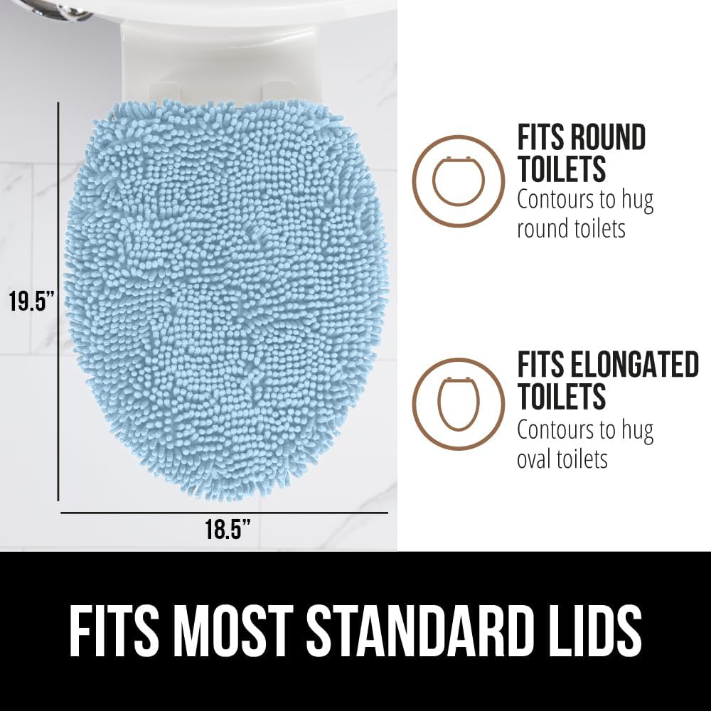 GORILLA GRIP Soft Chenille Bathroom Toilet Lid Cover, Machine Washable Seat Covers, 19.5x18.5, Stays in Place Rubber Backing, Fits Most Round, Elongated and Oblong Lids, Accessories Decor, Light Blue
