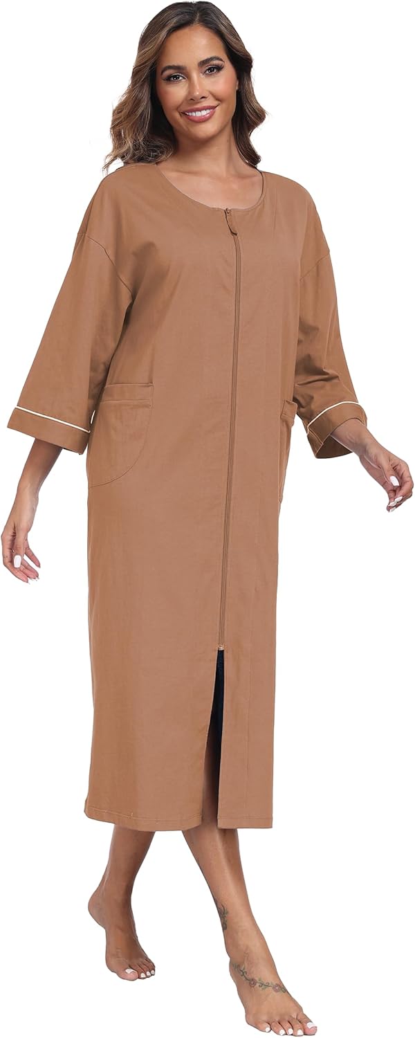 ANLIQI Women's 100% Cotton Robes Long Zipper Front House coats 3/4 Sleeve Bathrobes Lightweight Full Length Robe with Pockets