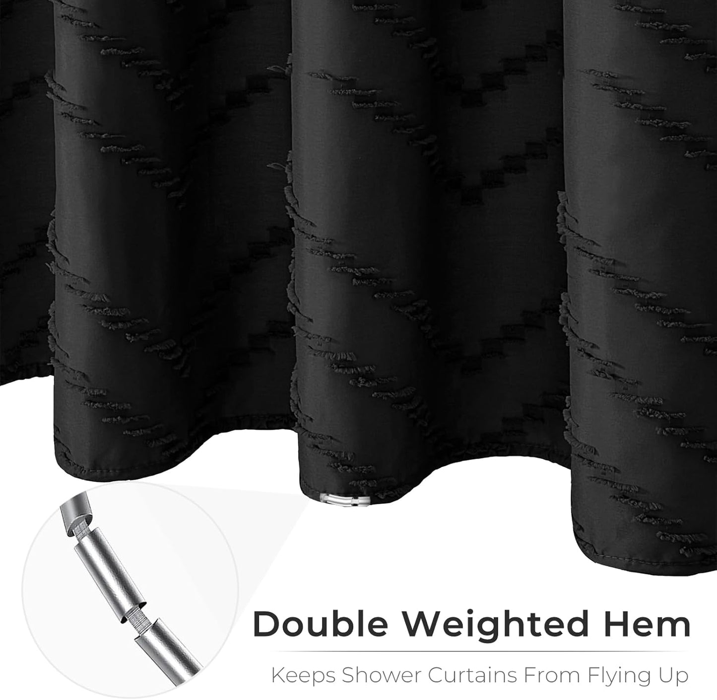 Black Boho Shower Curtain 72 x 78 Inches Woven Fabric Shower Curtain Tufted Chervon Textured Shower Curtains Modern Minimalist Shower Curtains for Bathroom
