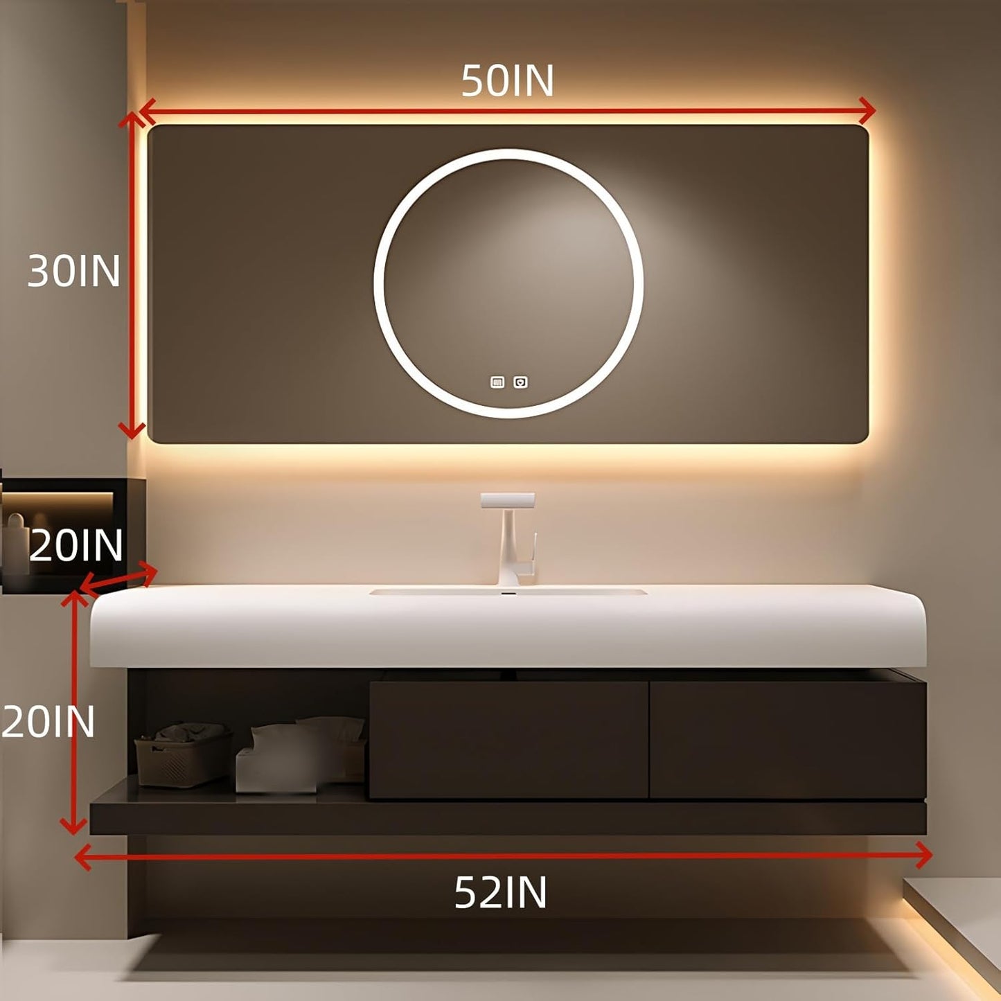 52IN Bathroom Vanity with Sink - Bathroom Cabinet Set has 2 Drawers & Overflow Hole Wall Mounted | LED Practical Defogging Mirror, Open Compartments, Seamless Rock Slab Basin (Coffee)