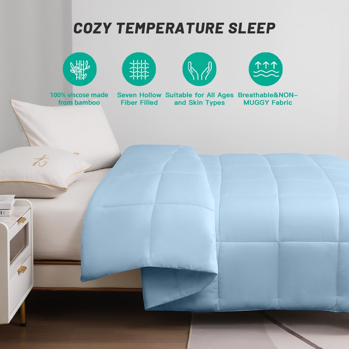 100% Viscose Made from Bamboo Comforter for Hot Sleepers- Summer Cooling Breathable Silky Soft Duvet Insert King Size-with 8 Corner Tabs(102x90 Inches, Light Blue-Summer)