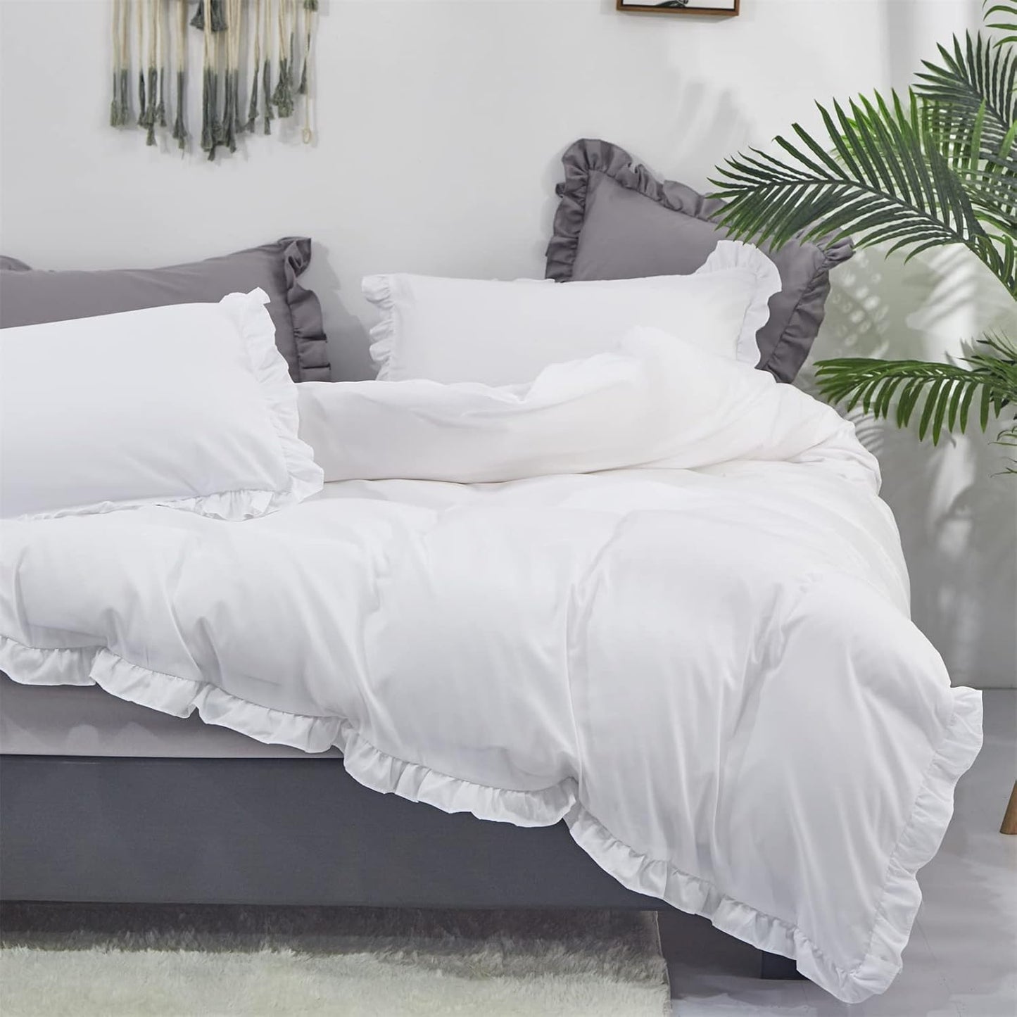 Cottonight White Comforter Set Queen Ruffle Bedding Comforter Set Farmhouse Boho Ruffles White Blanket Quilts Soft Breathable Bedding Set for Queen Bed