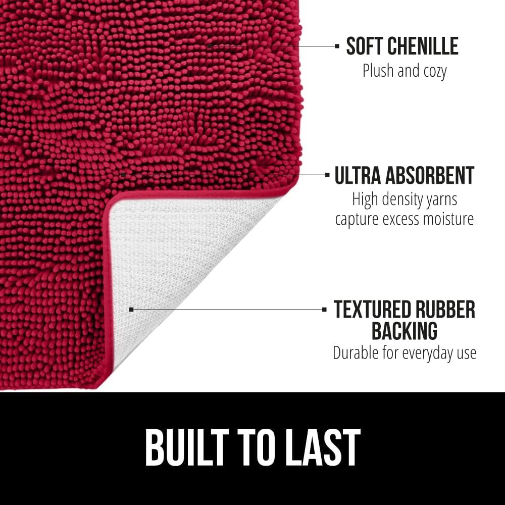 GORILLA GRIP Bath Rug Mat 30x20, Thick Soft Absorbent Chenille, Quick Dry Microfiber Mats, Rubber Backing Washable Shower Floor Rugs, Bathmat Runner, US Designed Bathroom Home Decor Accessories Red