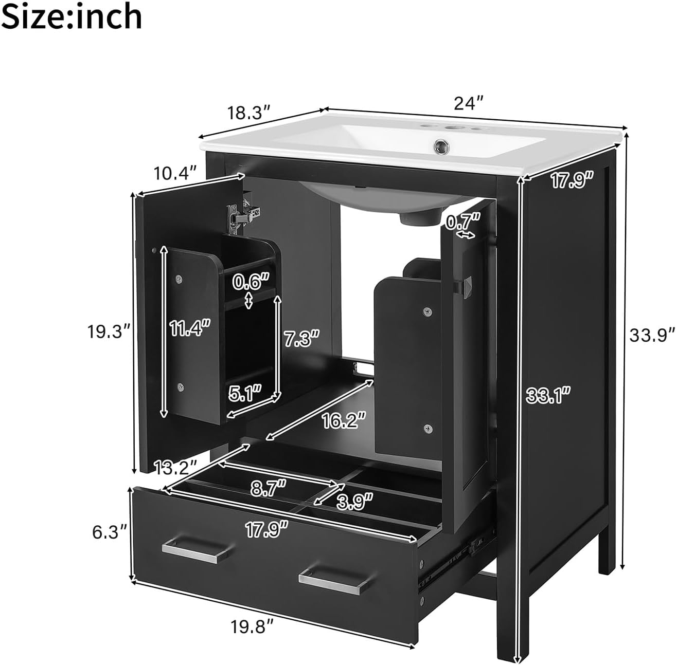 24" Bathroom Vanity with Sink Combo Set, Solid Wood Frame Bathroom Storage Cabinet with 2 Drawers and 1 Drawer, Double-layer Door Shelf, Soft Closing Cabinet Door with Organizer, Black