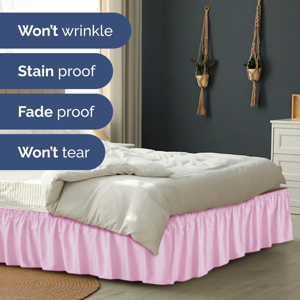 Wrap Around Dust Ruffle Bed Skirt - Light Pink - for Full Size Beds with 24 Inch Drop - Elastic Strap - Adjustable Pleated Bedskirt with Brushed Fabric and Wrinkle Free - for Women, Men, Kids & Teens