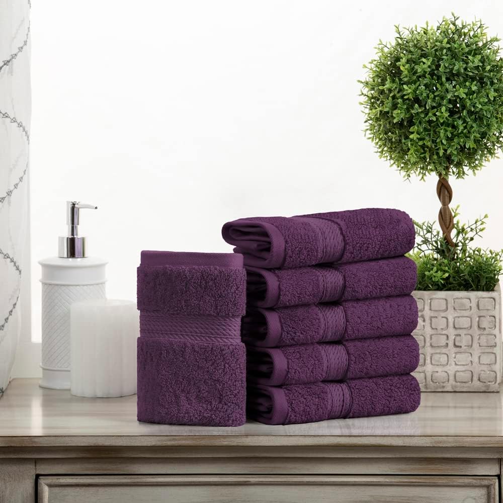 Superior Egyptian Cotton Pile Face Towel/Washcloth Set of 6, Ultra Soft Luxury Towels, Thick Plush Essentials, Absorbent Heavyweight, Guest Bath, Hotel, Spa, Home Bathroom, Shower Basics, Plum