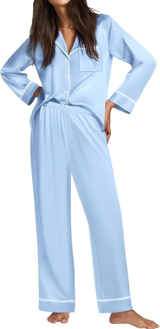 Ekouaer Satin Pajama Set for Women Silky Sleepwear Long Sleeve Top and Pants Button Down Pjs Lounge Set