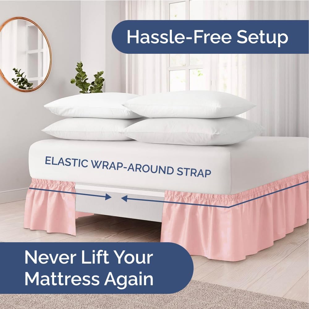 Wrap Around Dust Ruffle Bed Skirt - Baby Pink - King Size Beds w/ 12 Inch Drop - Easy Fit Elastic Strap - Adjustable Pleated Bedskirt w/Brushed Fabric - Wrinkle Free - Women, Men, Kids & Teens
