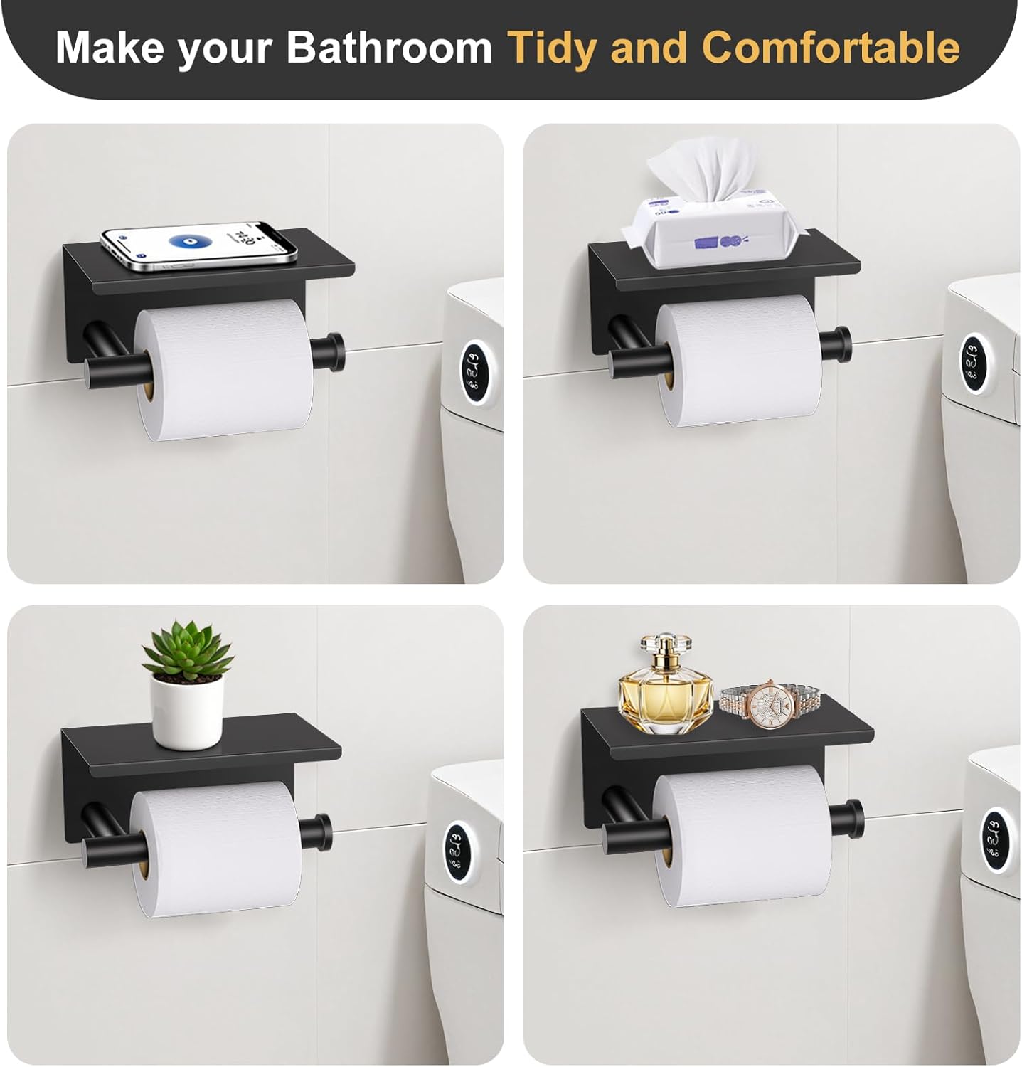 Black and Gold Bathroom Hardware Set, 5 Pieces Towel Bar Bathroom Accessories, Upgraded Toilet Paper Holder with Shelf Set, 23.6 Inch Towel Rack Towel Holder for Bathroom Wall