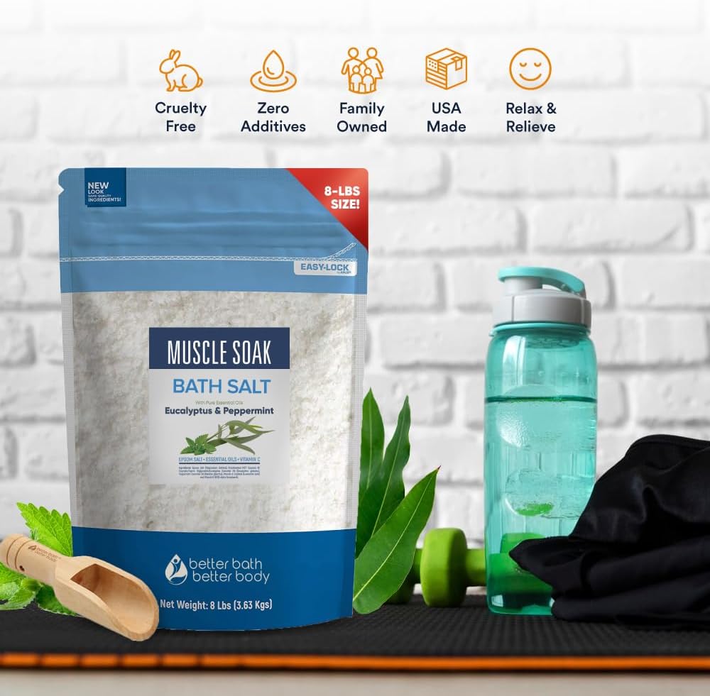 Muscle Soak Bath Salt 128 Ounces Epsom Salt with Natural Peppermint and Eucalyptus Essential Oils Plus Vitamin C in BPA Free Pouch with Easy Press-Lock Seal
