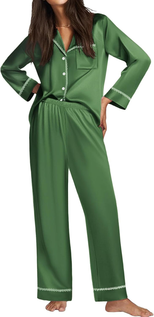 Ekouaer Satin Pajama Set for Women Silky Sleepwear Long Sleeve Top and Pants Button Down Pjs Lounge Set