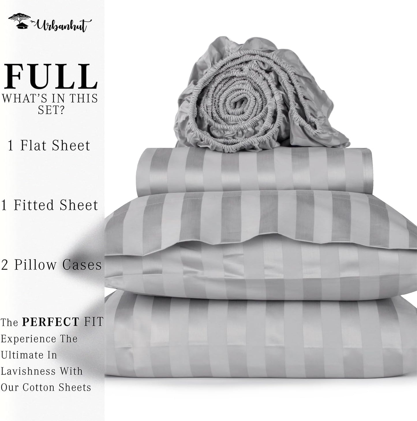 URBANHUT 1000 Thread Count Egyptian Cotton Sheets Damask Striped Full Size, Breathable Long Staple, 4 Pc Bed Sheet Sets, Luxury Hotel Sateen Finish Sheets Fits 16" Deep Pocket - Silver Grey