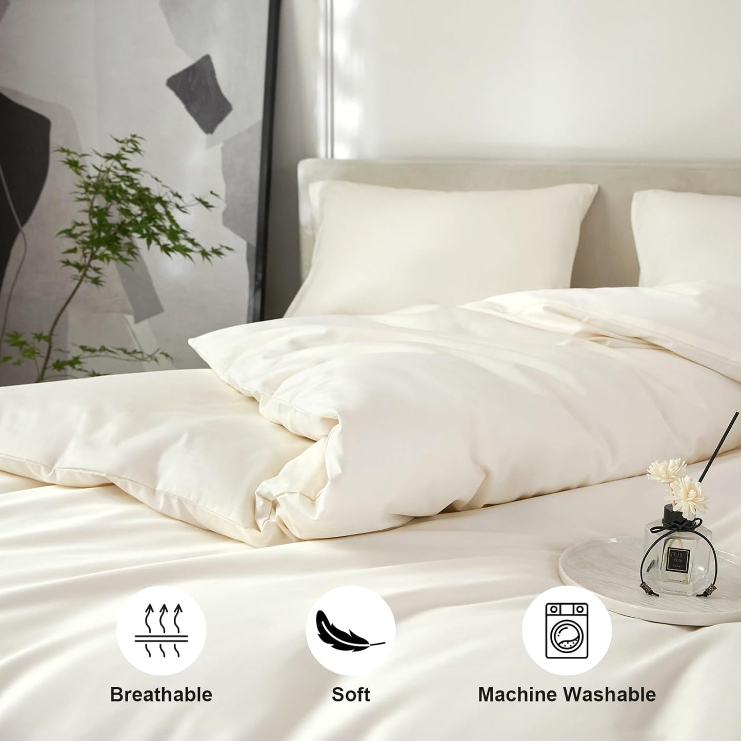 Duvet Cover Queen Size 100% Egyptian Cotton Duvet Cover Set,1600 Thread Count Feel Super Soft Comfortable Chic Lightweight 3 PCs Home Bedding Set (Cream White, 90''x90''