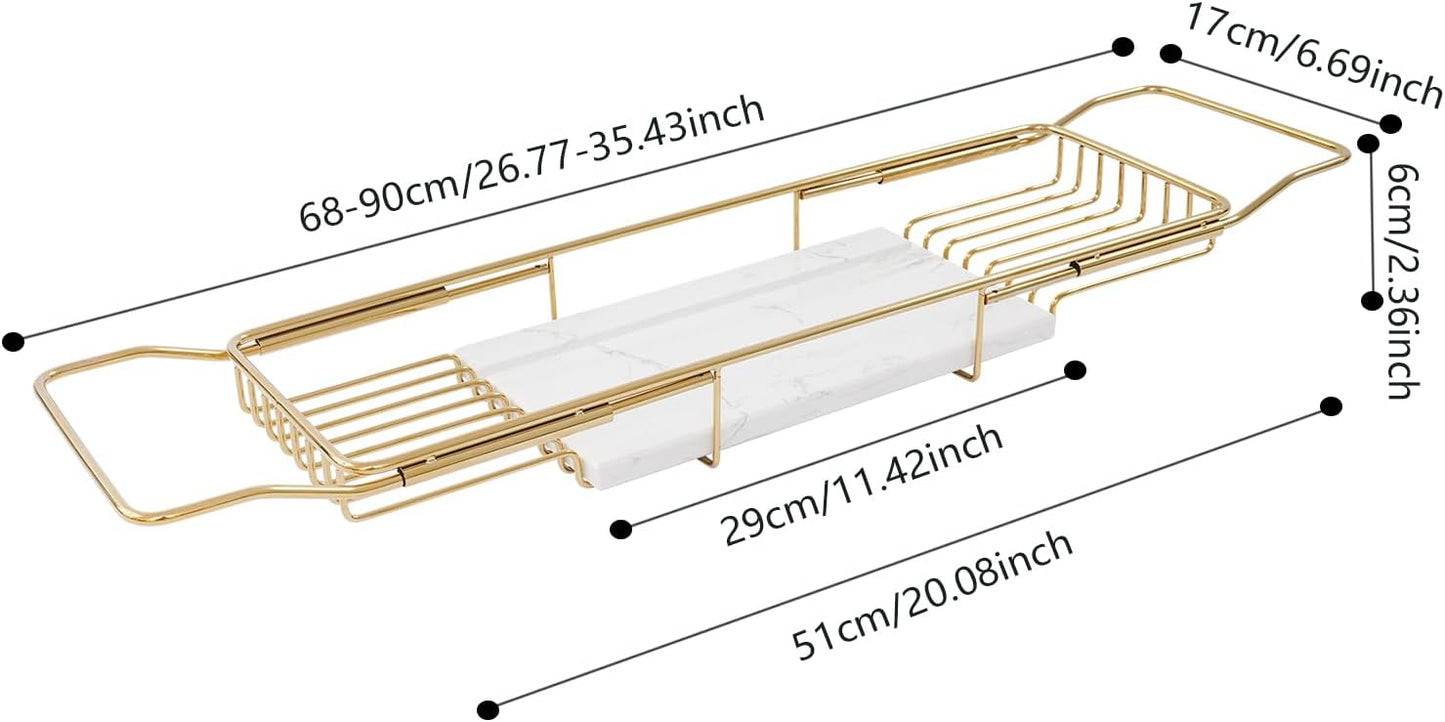Bathtub Tray Caddy for Luxury Bath, Stainless Steel 26.8-35.4 in Expandable Extra Wide Bath Tub Tray with Natural Marble and Mobile/Tablet Stand, Ideal for Home Spa Lovers (Gold + White)