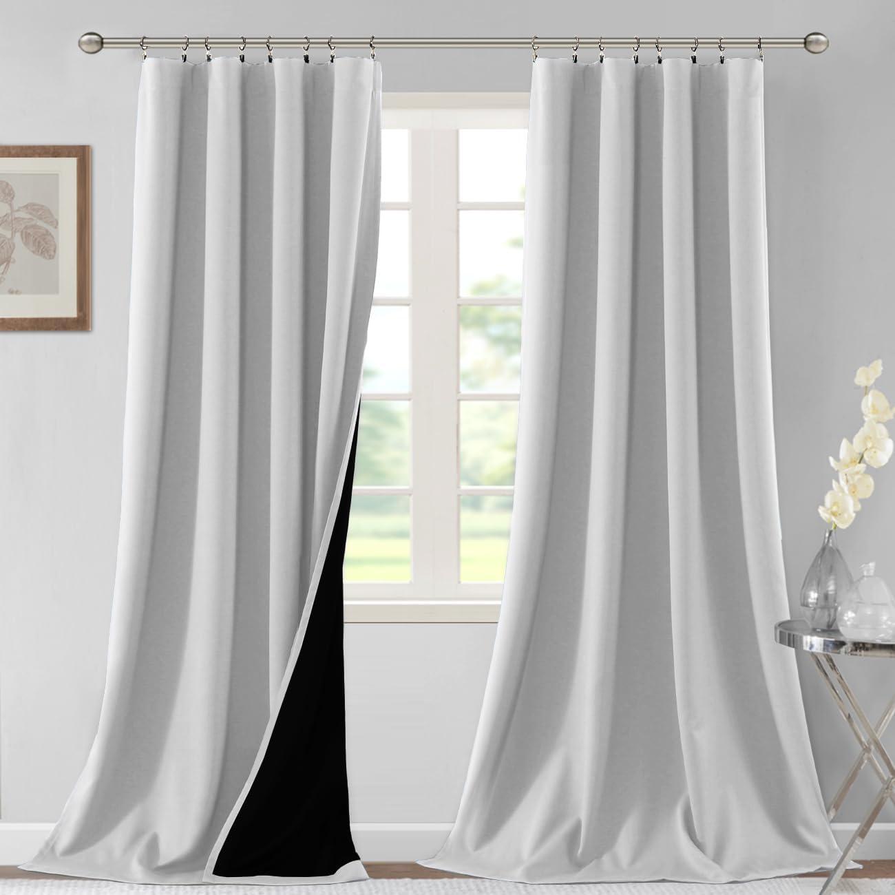 H.VERSAILTEX 100% Blackout Curtains for Bedroom Thermal Insulated Blackout Curtains 96 Inches Long Rod Pocket/Clip Rings Curtains for Living Room with Black Liner 2 Panels, Greyish White
