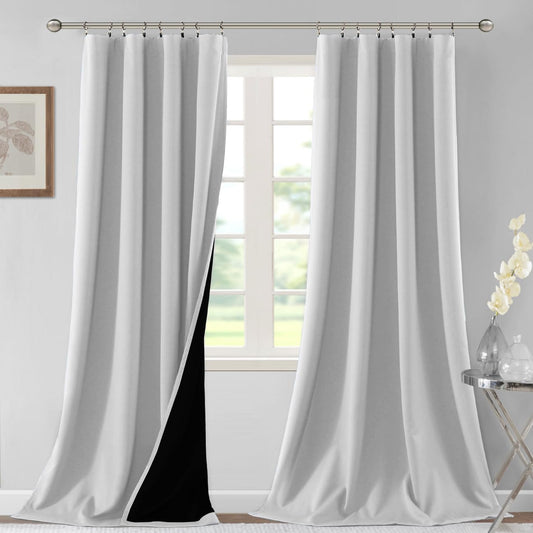 H.VERSAILTEX 100% Blackout Curtains for Bedroom Thermal Insulated Blackout Curtains 108 Inches Long Rod Pocket/Clip Rings Curtains for Living Room with Black Liner 2 Panels, Greyish White