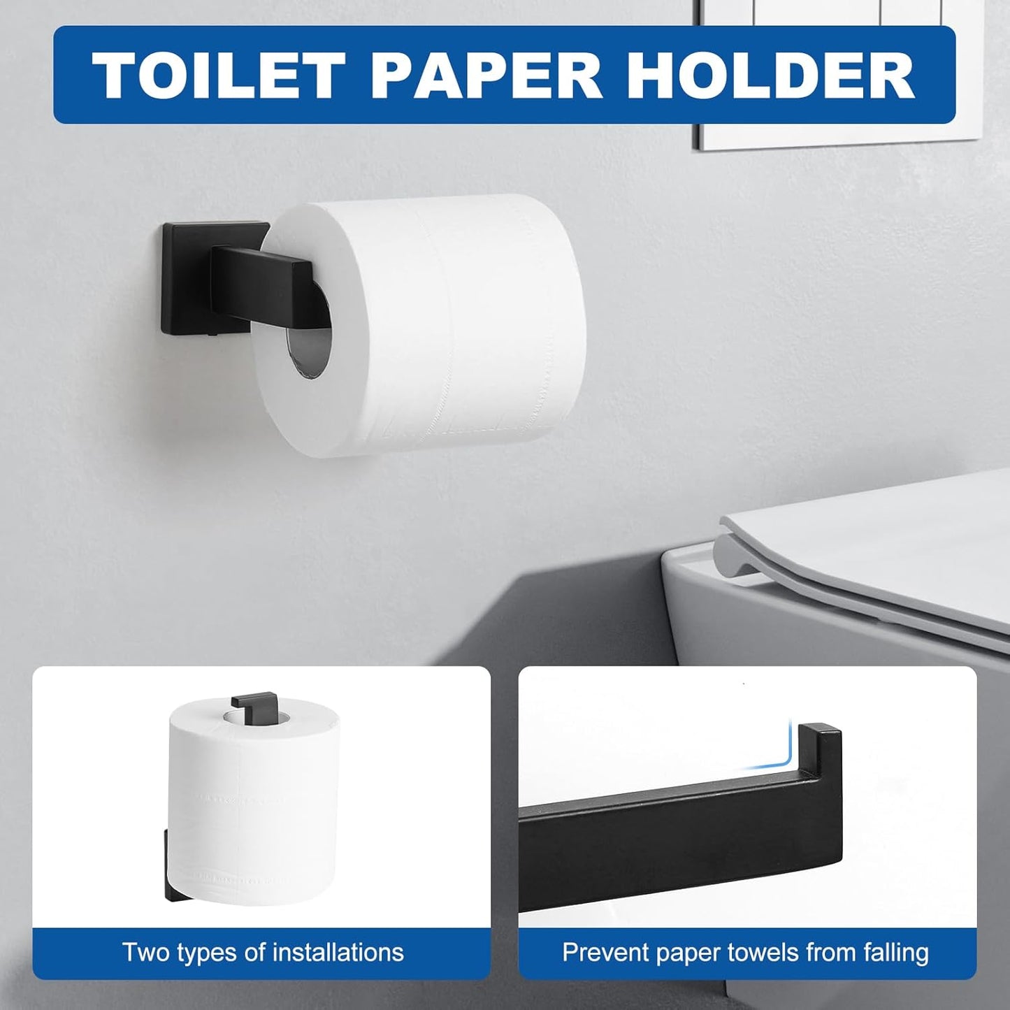 Cilee 10-Pieces Bathroom Hardware Set - Matte Black Bathroom Accessories, 24 Inch Towel Bar, Square Towel Ring, Toilet Paper Holder, Towel Hook, Wall-Mounted Stainless Steel Towel Bar Rack Set