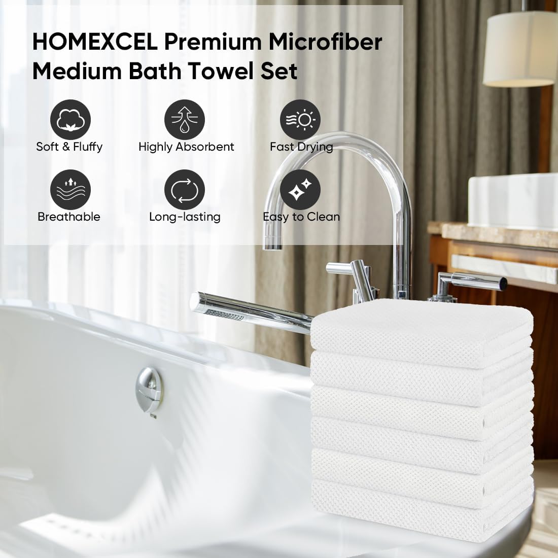 HOMEXCEL 6 Pack Bath Towel Set, (24 x 48 Inches) Microfiber Ultra Soft Highly Absorbent Bath Towels, Lightweight and Quick Drying Towels for Hotel, Bathroom, Spa and Beauty Parlor, White